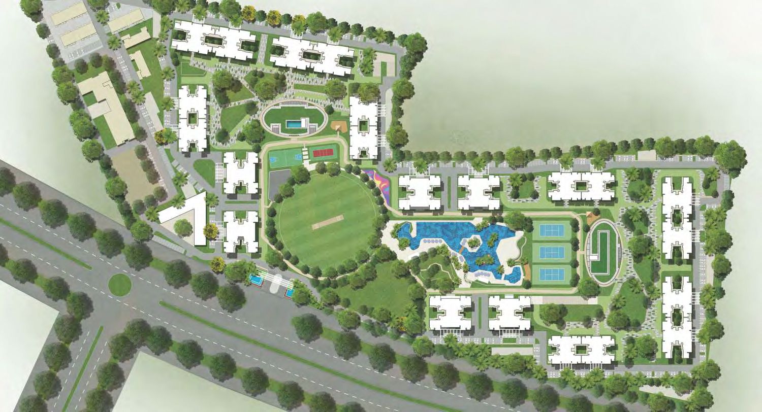 SOBHA International City Master Plan showing 3BHK, 4BHK apartments and 5BHK presidential villas, low-density layout with 6 villas per acre, 65,000 sq.ft. clubhouse